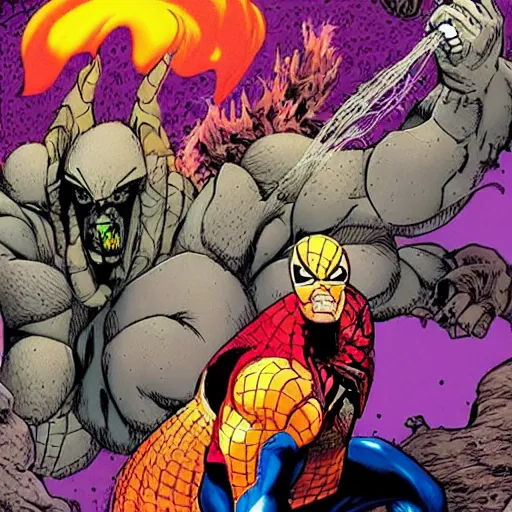 Prompt: the maxx stomping on spider - man in the outback