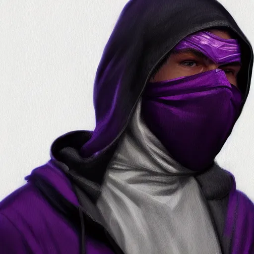 Image similar to ultra realistic illustration, man in a black hood, in a striped purple balaclava, mysterious, highly detailed, digital painting, artstation, concept art, smooth, sharp focus, illustration