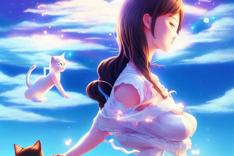 Image similar to bubbly lovely hopefully magical girl flying on the clouds with her kitty, occlusion shadow, specular reflection, rim light, unreal engine, artgerm, artstation, art by hiroaki samura and ilya kuvshinov and ossdraws, high quality, intricate detailed 8 k, fantasy illustration, extremely beautiful and aesthetic shape of face and body, movie poster