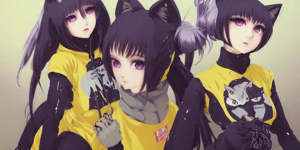 Image similar to with yellow eyes, a beautiful anime cyborg - girl wearing a cat hoodie, wlop, ilya kuvshinov, artgerm, krenz cushart, greg rutkowski, hiroaki samura, range murata, james jean, katsuhiro otomo, erik jones, serov, surikov, vasnetsov, repin, kramskoi