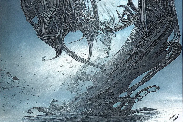 Image similar to dark underwater alien ocean, moebius, giger