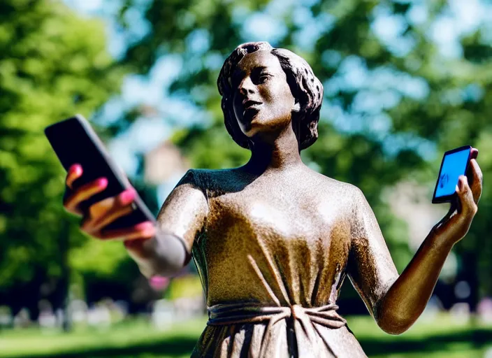 Image similar to photo still of a bronze statue of a woman using an iphone to take a selfie in a park on a bright sunny day, 8 k 8 5 mm f 1 6