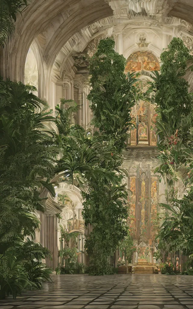 Image similar to cathedral interior with koi pond in the middle surrounded by palm trees, ivy, flowers, tropical plants, roses, and with archways, rendered in octane render with photorealistic lighting, cinematic, horizontal symmetry, a flemish baroque by thomas cole, unsplash, baroque, sanctuary, unsplash contest winner, maximalism, sanctuary