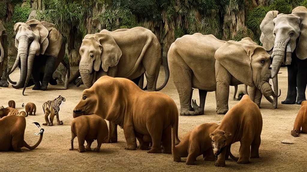 Image similar to a zoo full of animals, film still from the movie directed by Denis Villeneuve with art direction by Salvador Dalí, wide lens