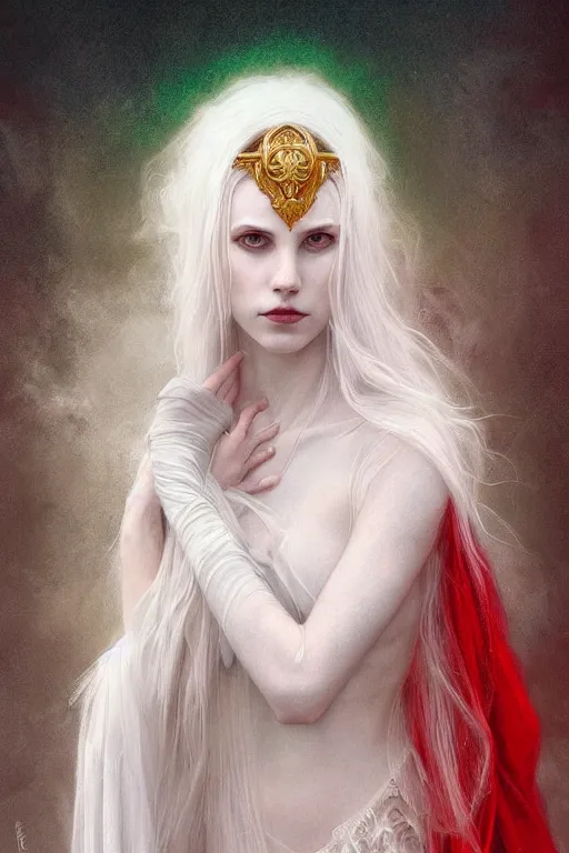 Prompt: portrait of white ghost, dark fantasy, gradient white red grey, dreamy and ethereal, green eyes, golden ratio, peaceful expression, lace, fantasy, intricate, elegant, stormy sky, highly detailed, digital painting, artstation, concept art, smooth, b sharp focus, illustration, art by artgerm and greg rutkowski and alphonse mucha