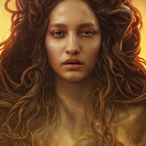 Image similar to Mythical petrifying Medusa portrait, atmospheric lighting, painted, intricate, volumetric lighting, beautiful, rich deep colors masterpiece, golden hour, sharp focus, ultra detailed, by Leesha Hannigan, Ross Tran, Thierry Doizon, Kai Carpenter,Ignacio Fernández Ríos