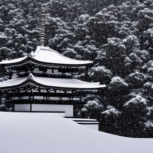 Image similar to a monolithic japanese temple on a snowcapped mountain. snowing, grainy, overcast sky.