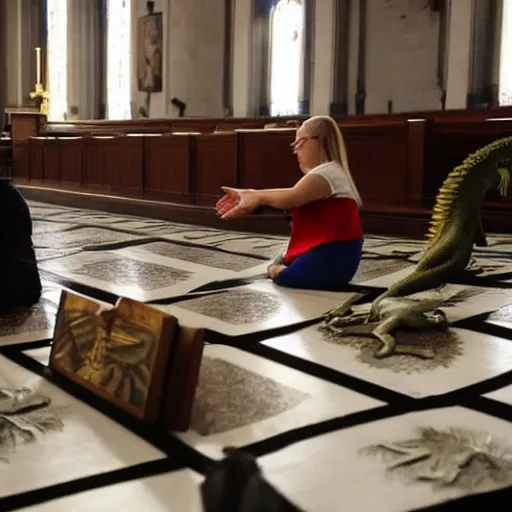 Prompt: reptilians praying in church