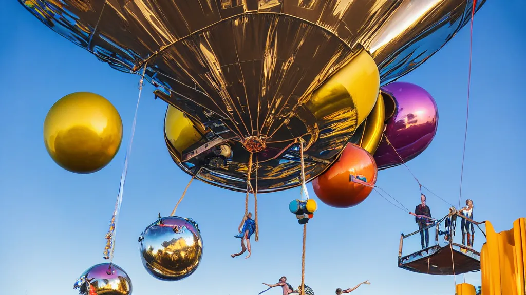 Image similar to large colorful futuristic space age metallic steampunk balloons with pipework and electrical wiring around the outside, and people on rope swings underneath, flying high over the beautiful adelaide in south australia city landscape, professional photography, 8 0 mm telephoto lens, realistic, detailed, photorealistic, photojournalism