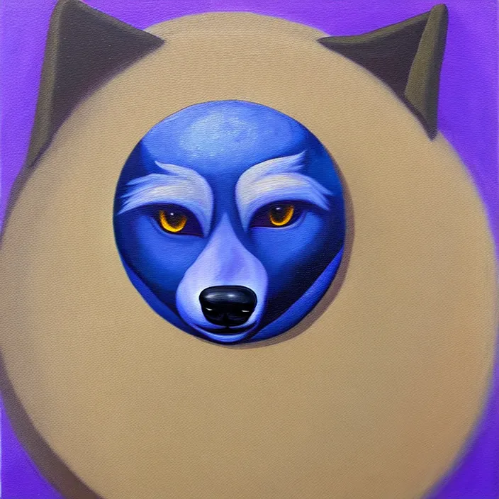 Prompt: a painting of a spherical indigo anthropomorphic male wolf, fursona, furry, round, cute, oil on canvas, soft textures