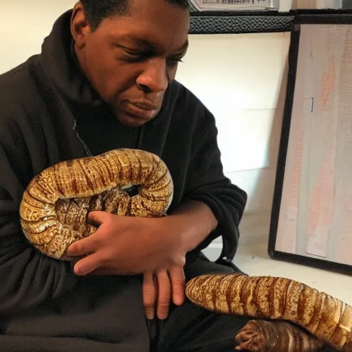Image similar to john coltrane snuggling a giant mealworm
