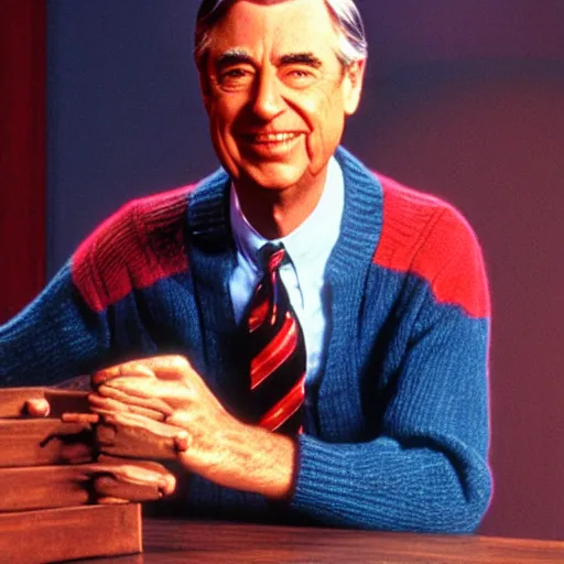 Prompt: mr. rogers has slinkies for hands, color photo