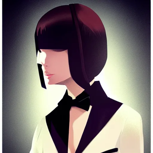 Image similar to young british special ops female in black tuxedo, muted colors, matte print, pastel colors, 2d, ultra highly detailed, smooth, sharp focus, digital art, digital painting, fan art, elegant, artstation, head is centered, by Ilya Kuvshinov