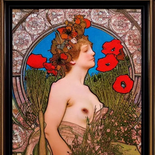 Prompt: a masterpiece painting by mucha exposed at the louvre : black cat taking the sun in a poppy field with a red sunset in the background, very detailled, crisp details, featured in artscape