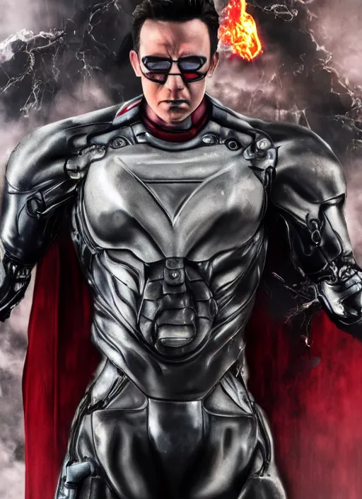 Prompt: a realistic iron superman photo with red eye inspired a movie terminator 2 Judge day , Poster, full body, detailed and realistic, 4k, filmic render