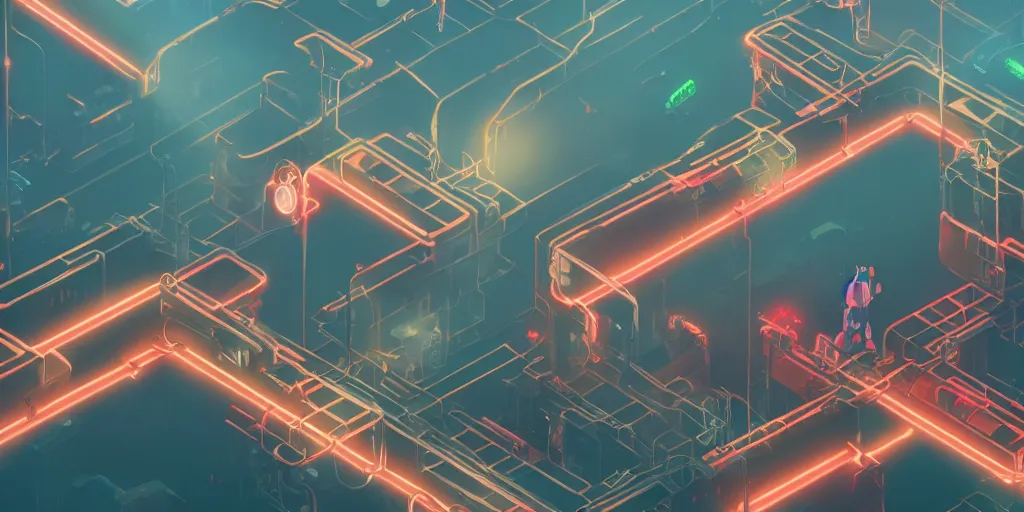 Prompt: Platform game, Portrait of a platform game, Very Cloudy Sky, Sun, Neon Lights, Subject in Middle, side scrolling 2d, Rule of Thirds, 4K, Retrofuturism, Studio Ghibli, Simon Stålenhag