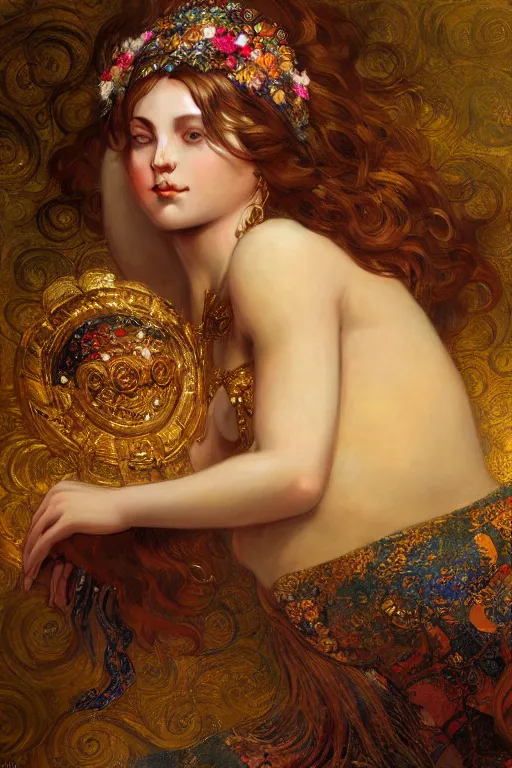 Image similar to an intricate artistic pose painting of a beautiful young goddess with an artistic sensual pose in bed with klimt golden motives and textures, hyper detailed, ornamental gold headpiece, octane render, vivid colors, artstation, by jeremy mann, by alphonse mucha, by boris vallejo