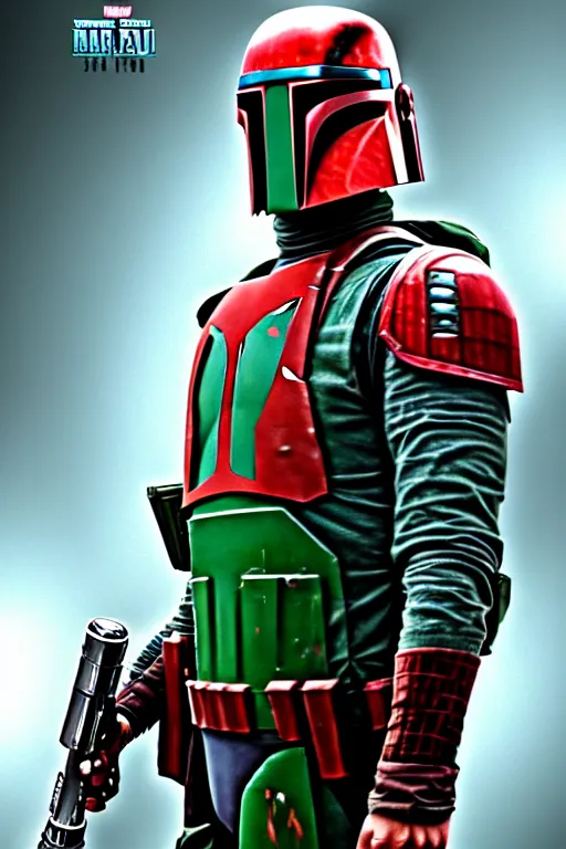 Image similar to boba fett spiderman character mashup, digital art, movie still from the matrix, insane detail