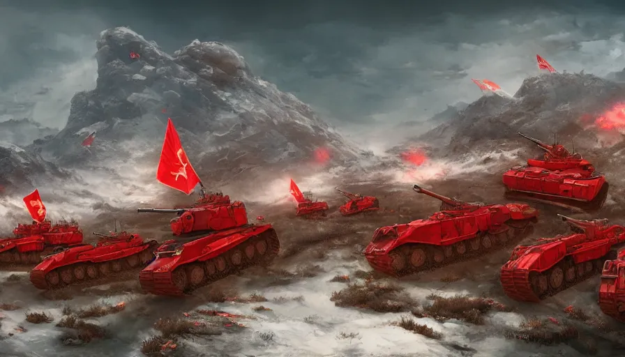 Image similar to red army on a hill with red tanks, dnd, fantasy, hyperdetailed, artstation, cgsociety, 8 k, propaganda poster