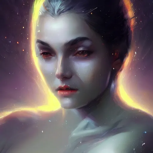 Image similar to a beautiful portrait of a cosmic goddess by Greg Rutkowski, Trending on Artstation, nebula background