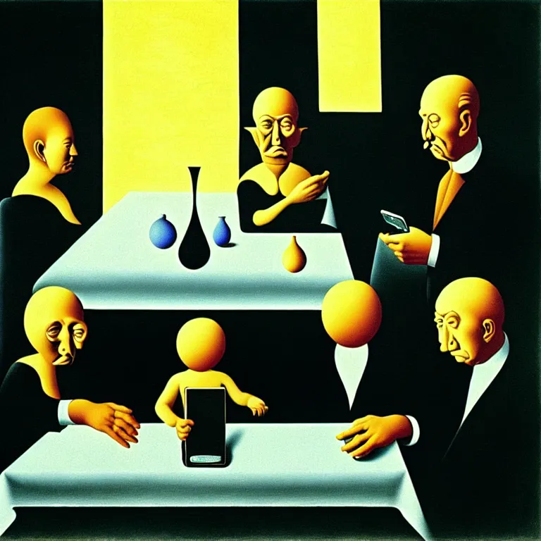 Image similar to a nuclear family staring at their smartphones during dinner, by salvador dali and rene magritte, soft colors, cool lighting, dark, surreal