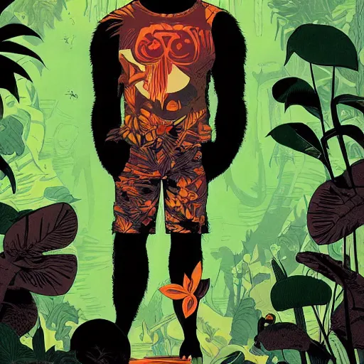 Prompt: Bipedal gorilla wearing t-shirt and shorts, background jungle, graphic novel, by James Jean, Victo Ngai, David Rubín, Mike Mignola, Laurie Greasley,