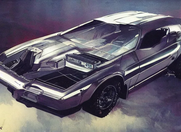 Prompt: ( ( ( ( ( knight rider kitt, car concept art, sci - fi illustration, painting, in the style of logan's run ) ) ) ) ) by vincent di fate and john berkey and 1 9 8 2 pontiac trans am!!!!!!!