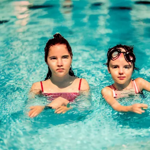 Prompt: two girls in the pool, film camera style, la piscine film aesthetics