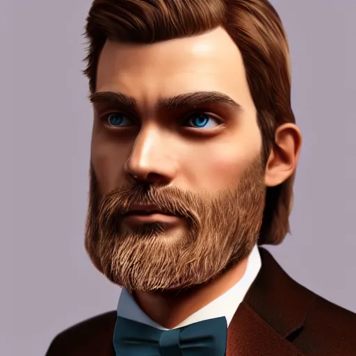 Image similar to a highly detailed portrait of a man, with a brown short beard and hair, blue eyes, wearing a tuxedo, artstation, deviantart, professional, unreal engine 5, photorealistic