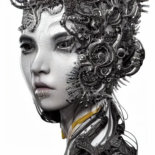 Image similar to the portrait of an absurdly beautiful, graceful, elegant, sophisticated, fashionable cyberpunk gravure idol, an ultrafine hyperdetailed illustration by kim jung gi, irakli nadar, takato yamamoto, intricate linework, bright colors, porcelain skin, unreal engine 5 highly rendered, fractal background, global illumination, radiant light, detailed and intricate environment