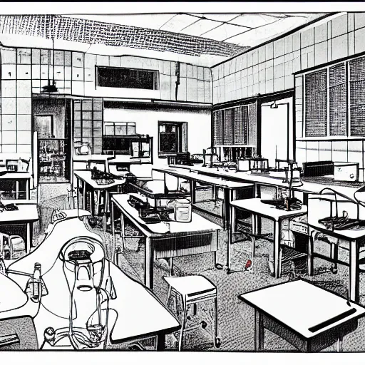 Prompt: a school science lab, by moebius