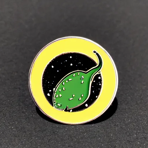 Image similar to a retro minimalistic circle enamel pin depicting an exploding jalapeno, use of negative space allowed, smooth curves