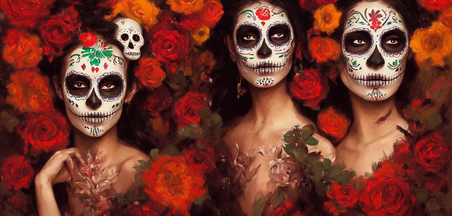 Prompt: mexican day of the dead beauty, only face, trending on artstation, greg rutkowski, john singer sargent, crop top, intricate