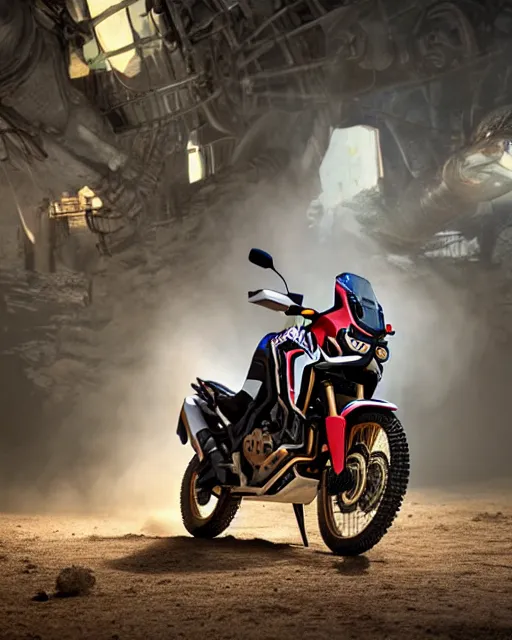 Image similar to honda africa twin from bioshock, hyper realistic, ambient lighting, concept art, intricate, hyper detailed, smooth, volumetric lighting, octane