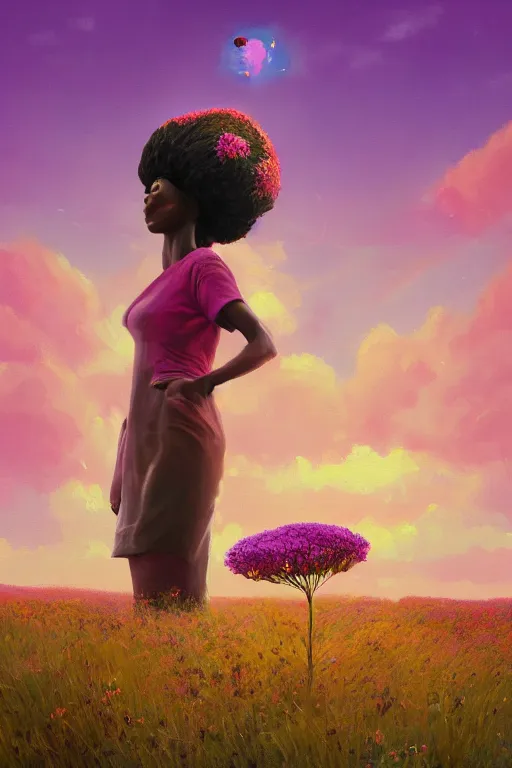 Prompt: closeup, huge flower as head, an african woman in the heather field, surreal photography, golden hour, colorful clouds, impressionist painting, digital painting, artstation, simon stalenhag