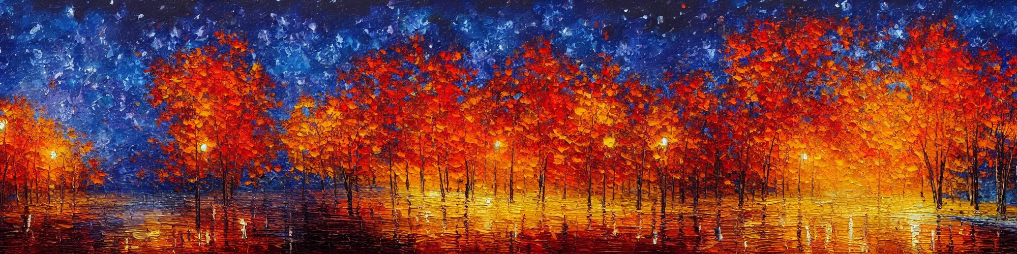 Image similar to painting of autumn landscape during night, non symmetrical, award winning painting, beautiful, breathtaking, stunning scenery, trending on artstation, masterpiece