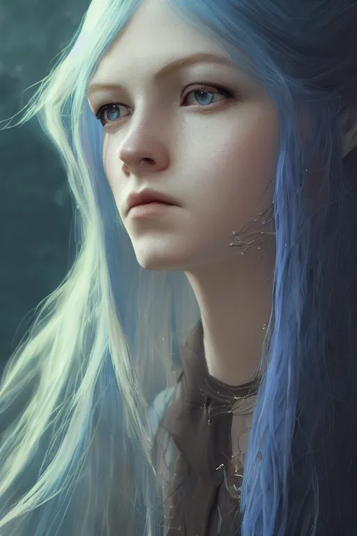 Prompt: a fancy portrait of a beautiful young girl with long blue hair and blue eyes by greg rutkowski, sung choi, mitchell mohrhauser, maciej kuciara, johnson ting, maxim verehin, peter konig, bloodborne, 8 k photorealistic, cinematic lighting, hd, high details, dramatic, dark atmosphere, trending on artstation