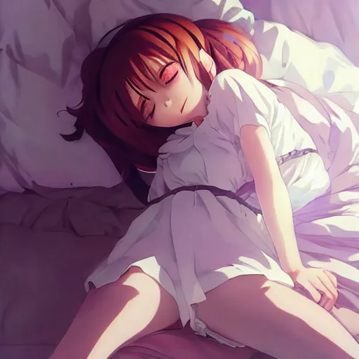 Image similar to a cute anime girl sleeping!!! in a messy room, wlop, ilya kuvshinov, artgerm, krenz cushart, greg rutkowski, hiroaki samura, range murata, james jean, katsuhiro otomo, erik jones, serov, surikov, vasnetsov, repin, kramskoi 4 k