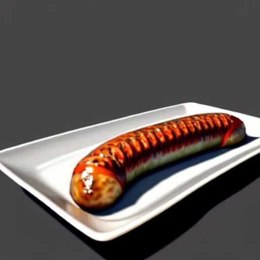 Image similar to realistic 3 d unreal engine render of a half fish half sausage alone on a plate, fish fins on a sausage