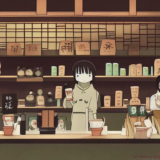 Image similar to starbucks shop with spirited away style, no face man, illustrate, art by ghibli studio