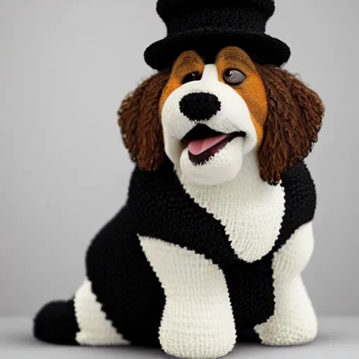 Image similar to a closeup photorealistic photograph of a cute smiling knitted bernedoodle judge dog dressed in a black gown, presiding over the courthouse. indoors, professional capture, well lit shot. this 4 k hd image is trending on artstation, featured on behance, well - rendered, extra crisp, features intricate detail, epic composition and the style of unreal engine.