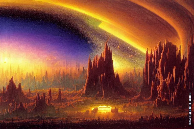Image similar to miskatonic university big bang landscape in the style of dr. seuss,'2 0 0 1 a space odyssey ', painting by albert bierstadt