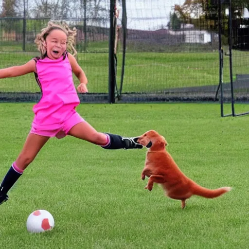 Prompt: a girl with a weasel face kicking a ball whilst in the background a dog barks.