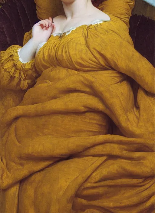 Image similar to masterpiece portrait of lady reclining on bed wearing yellow ochre ornate medieval dress, foreshortening, colour photography by frederic leighton, william morris, 8 k