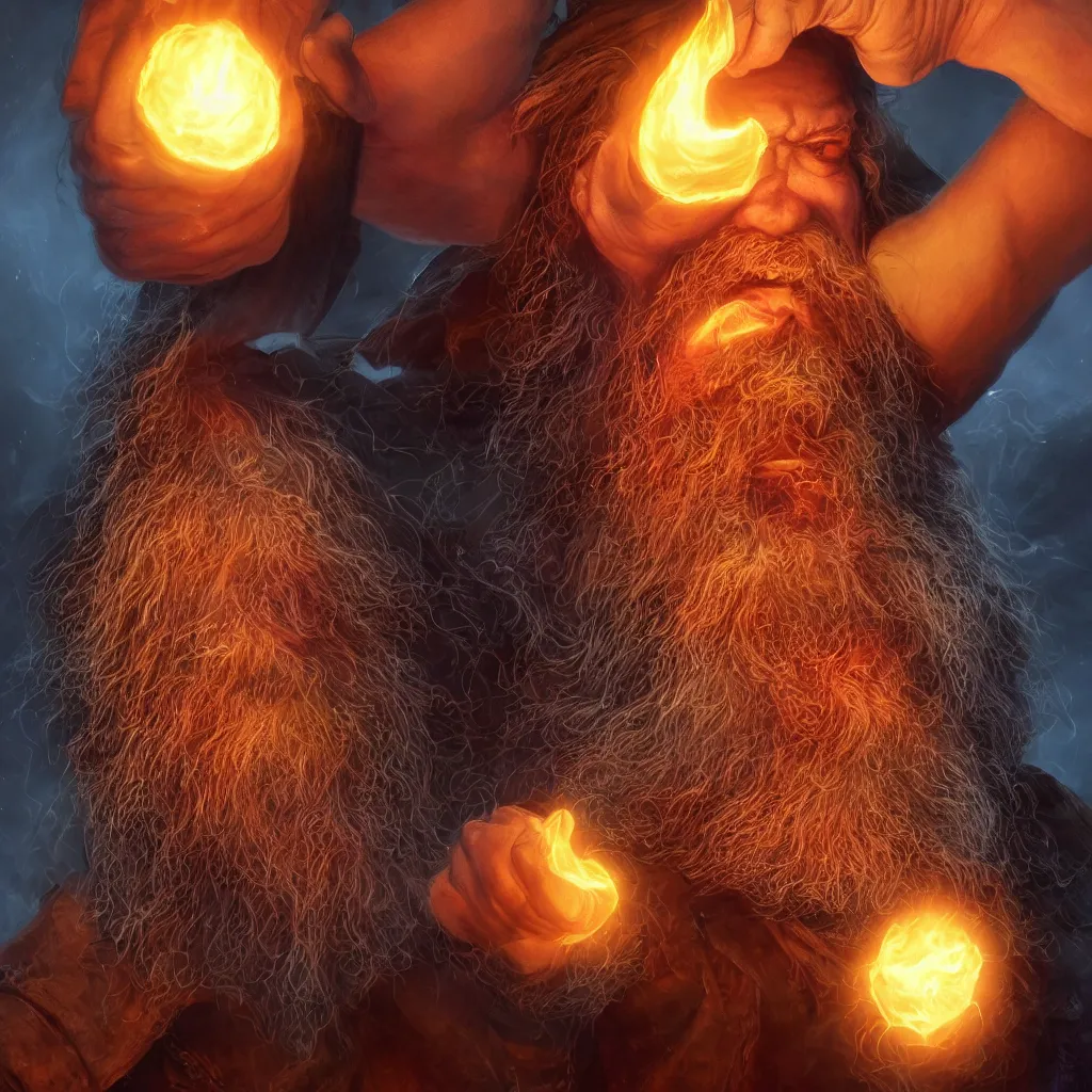 Image similar to Photorealistic cinematic close-up portrait of one angry dwarf wizard casting a fireball spell, by Larry Elmore and Steven Belledin . Magical occult photorealism, UHD, amazing depth, glowing, golden ratio, 3D octane cycle unreal engine 5, volumetric lighting, cinematic lighting, cgstation artstation concept art