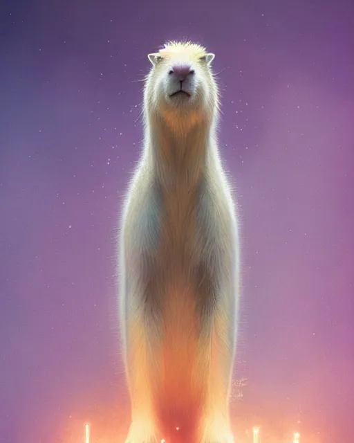 Image similar to complete and delicate portrait of a white capybara, beautiful, agile, fairy, myth, legend, detailed, trending on artstatioin, light effects, kilian eng, john harris, bastien lecouffe - deharme