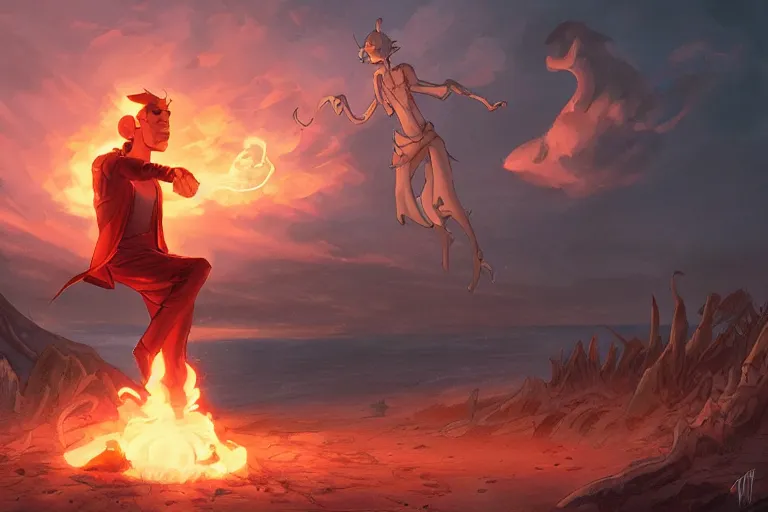 Image similar to squidward firebending outside at susnset, art by artgerm and greg rutkowski