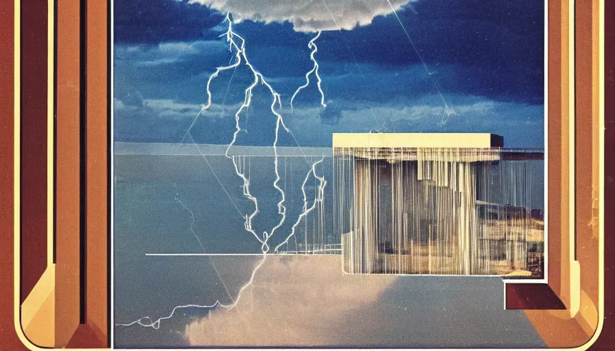 Image similar to A 1985 vintage magazine architecture photo of a, mediterranean architecture, refracted lines and sparkles, thunderstorm outside, beach on the background major arcana sky and occult symbols, hyperrealistic, award-winning, 1985