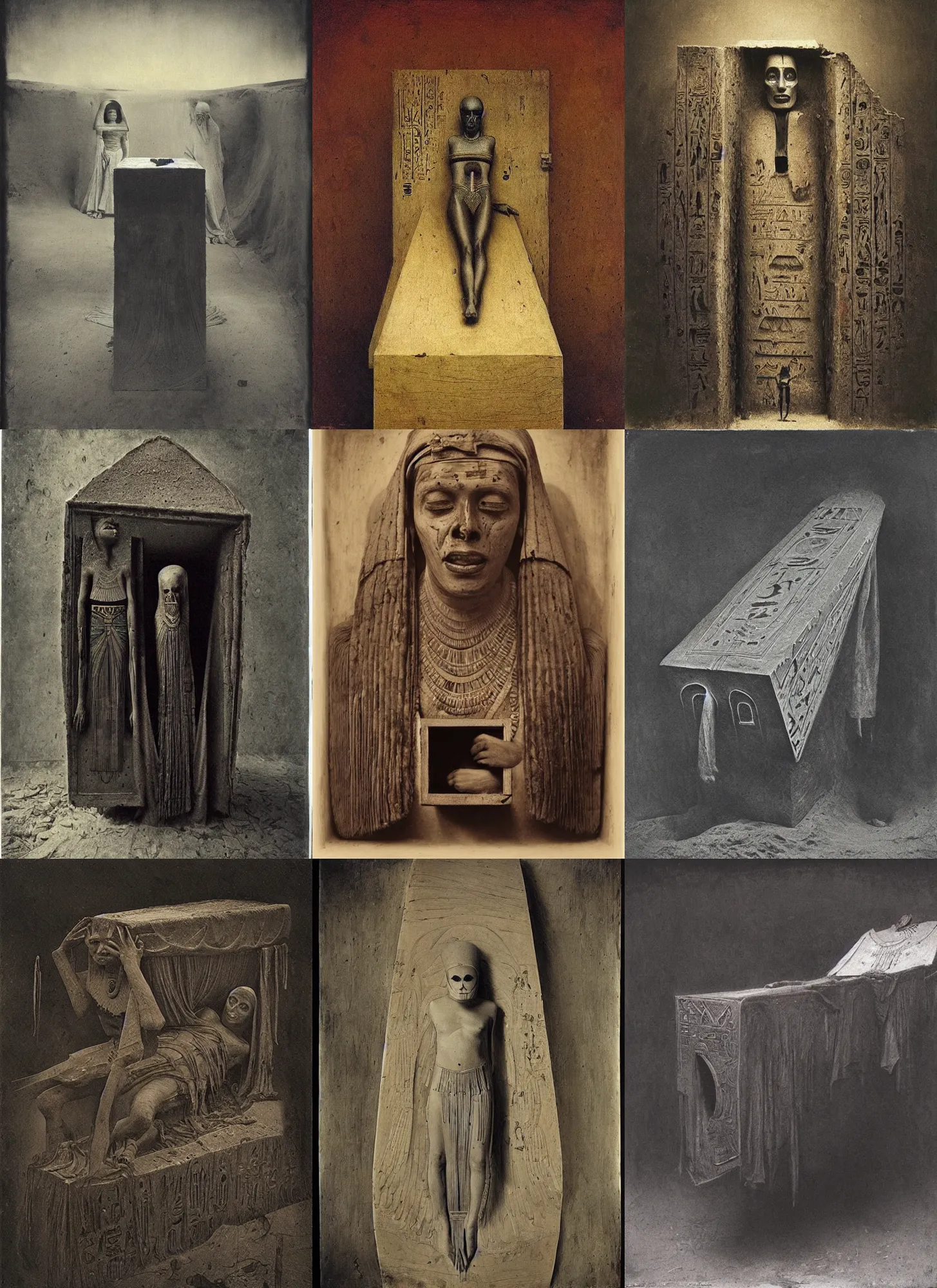 Prompt: wet plate photography egyptian ghost wooden coffin, orientalism, beksinski
