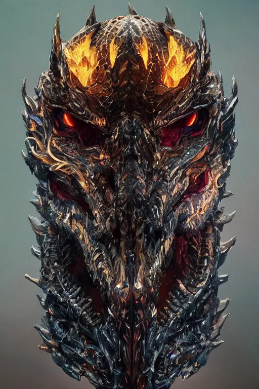 Image similar to A fancy portrait of a crystalized dragon skull by Greg Rutkowski, beeple, Sung Choi, Mitchell Mohrhauser, Maciej Kuciara, Johnson Ting, Maxim Verehin, Peter Konig, final fantasy, macro lens, 35mm, 8k photorealistic, cinematic lighting, HD, high details, dramatic, dark atmosphere, trending on artstation